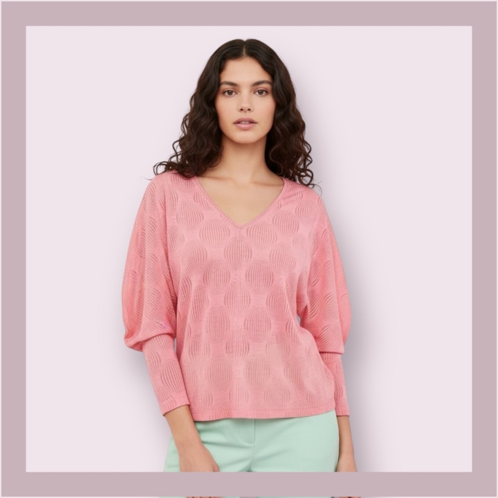Zara Collection Sheer Melon Pink V Neck Textured Puffy Sleeve Top